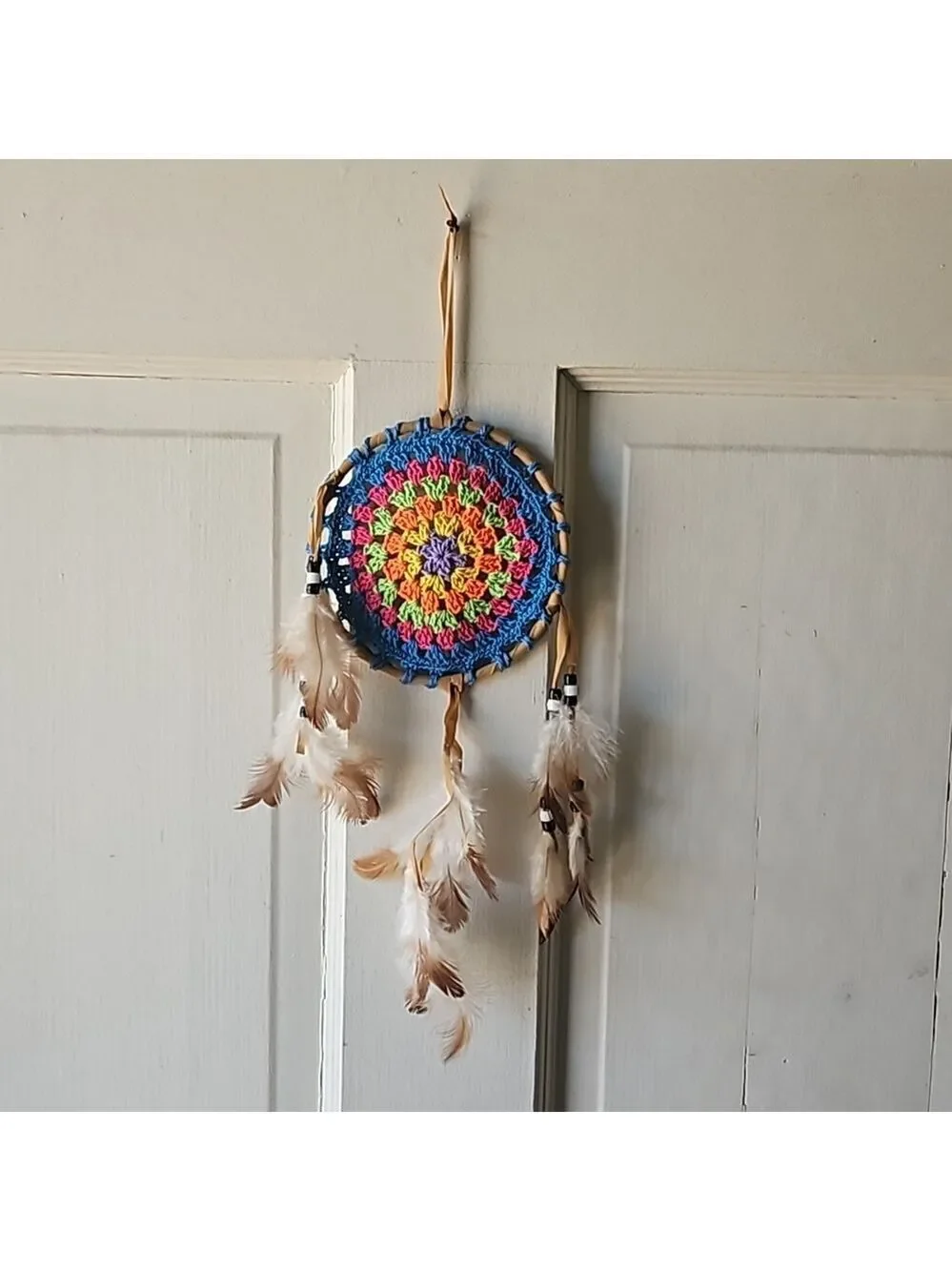 Hand Crafted crochet dreamcatcher multicolored floral eclectic textile decor